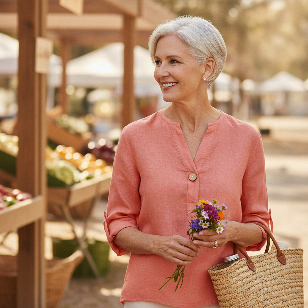 A woman over 50 in a breathable coral linen top at a sunny Florida farmers market
