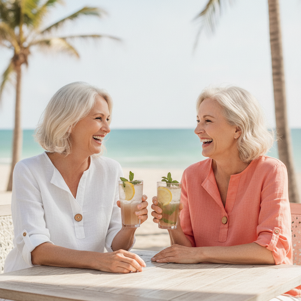 Two women over 50 in light summer tops laughing at a coastal cafe in the Florida heat