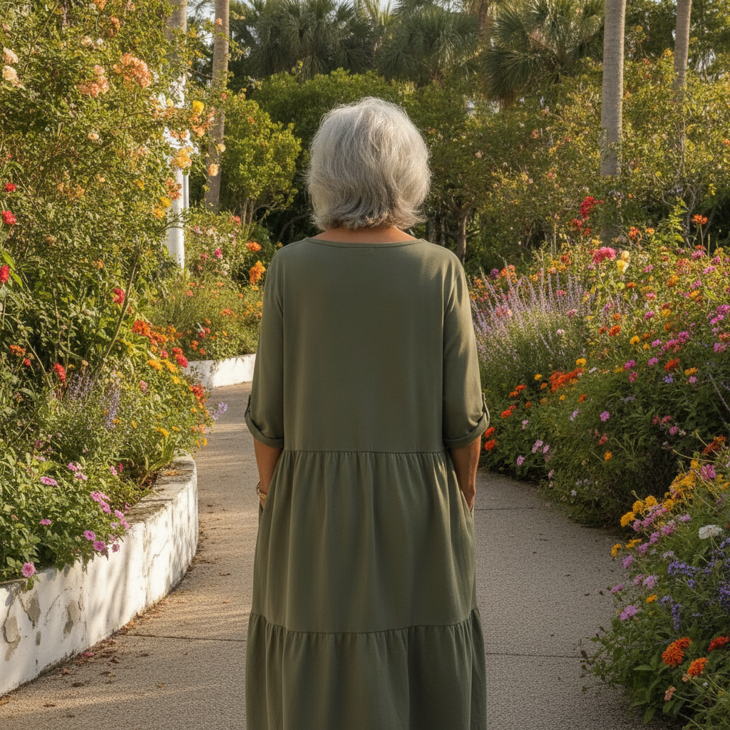 A woman in her sixties in an olive green cotton summer dress walking through a Florida flower garden