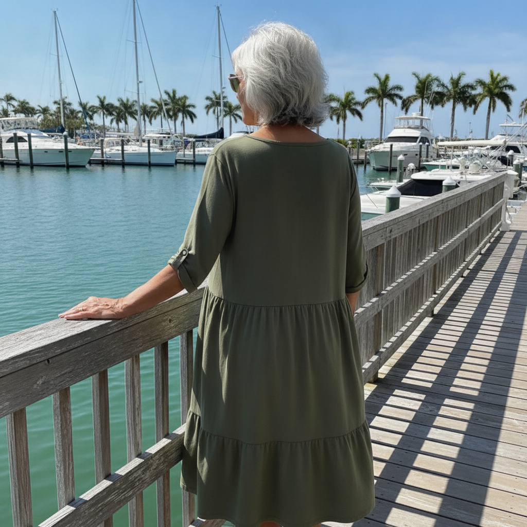 A woman over 50 in a relaxed olive A line cotton dress by a Florida marina
