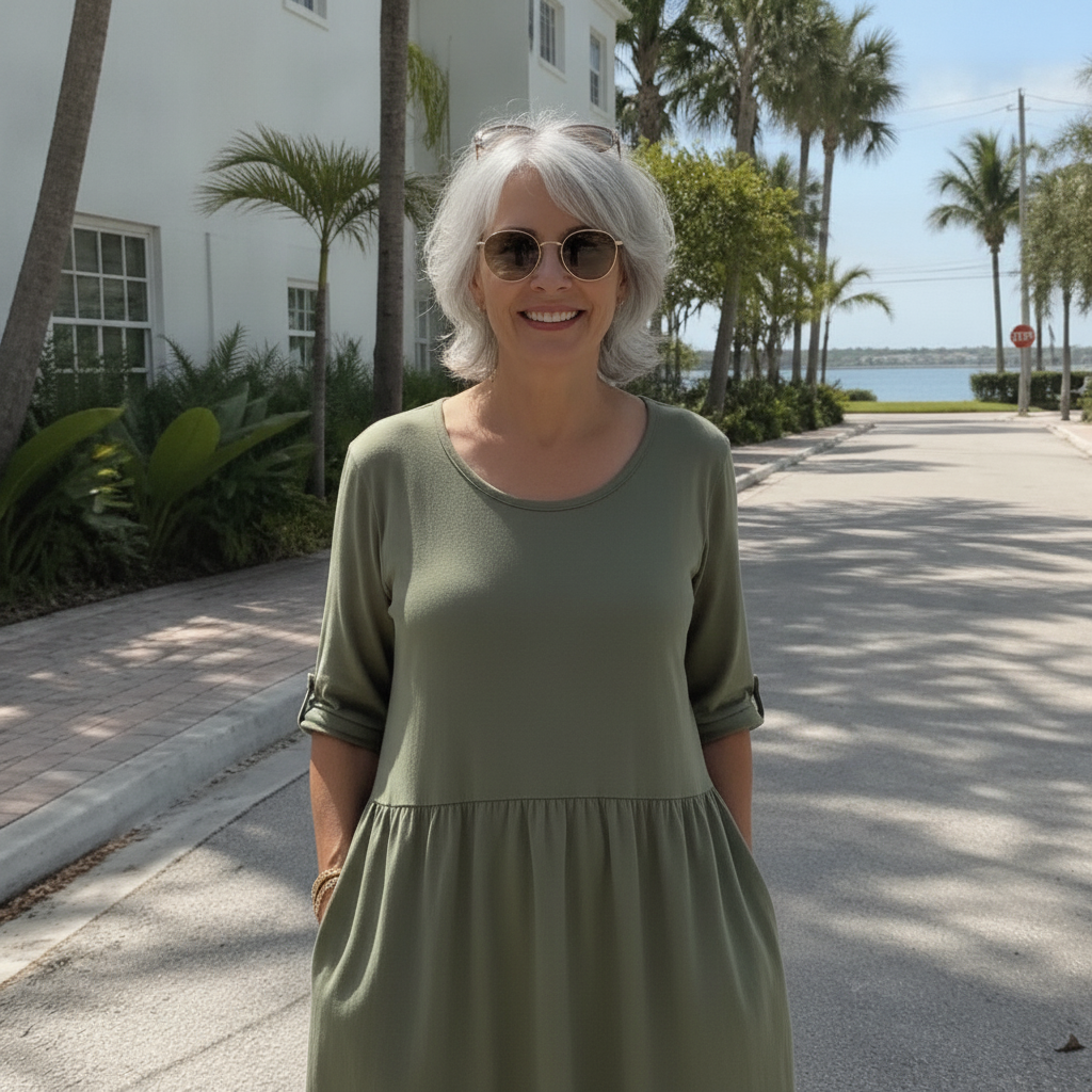 A woman over 50 in a relaxed olive cotton A line dress that skims the body, standing in the Florida sun