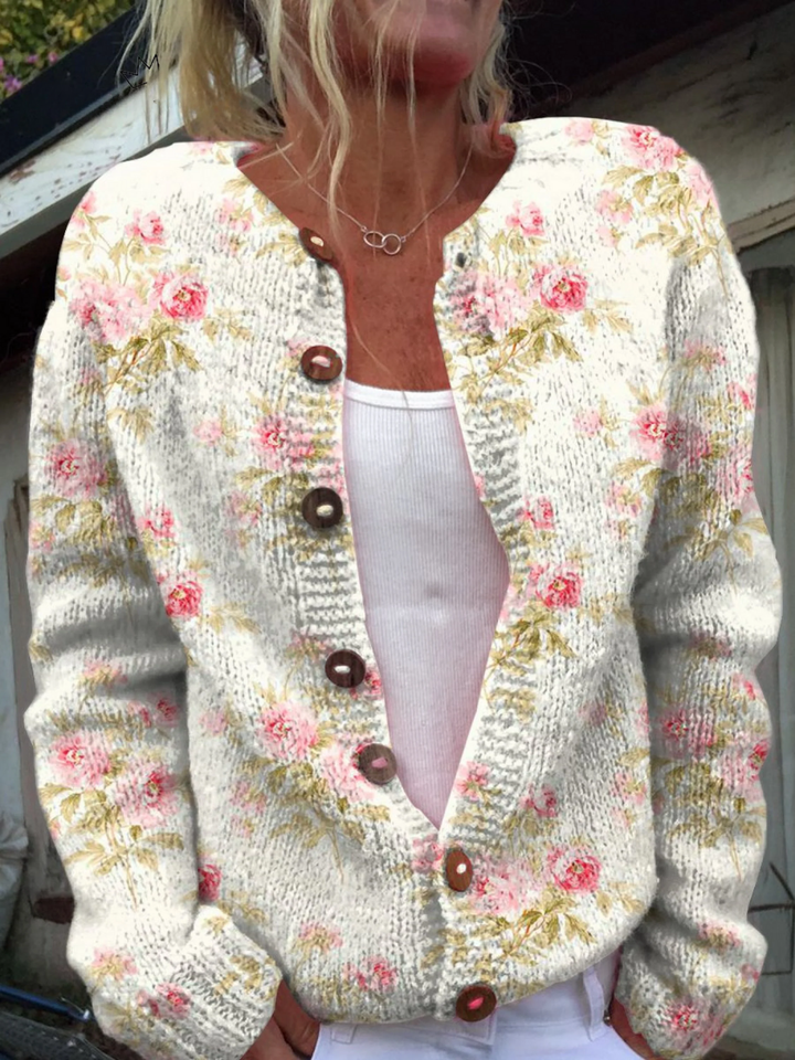 Ariadne | Vintage Flower Art Cardigan in Flowers And Leaves
