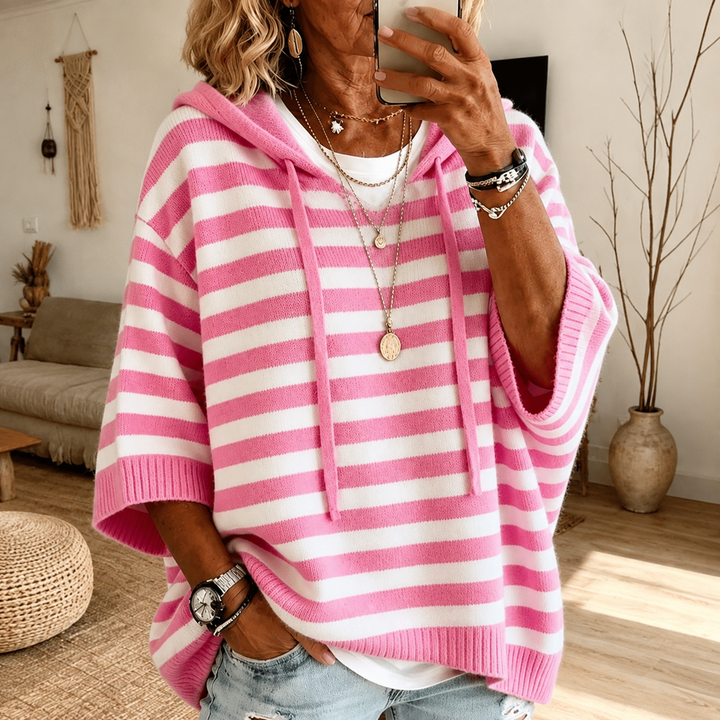 Violetta | Cozy Hooded Poncho in Pink Stripe