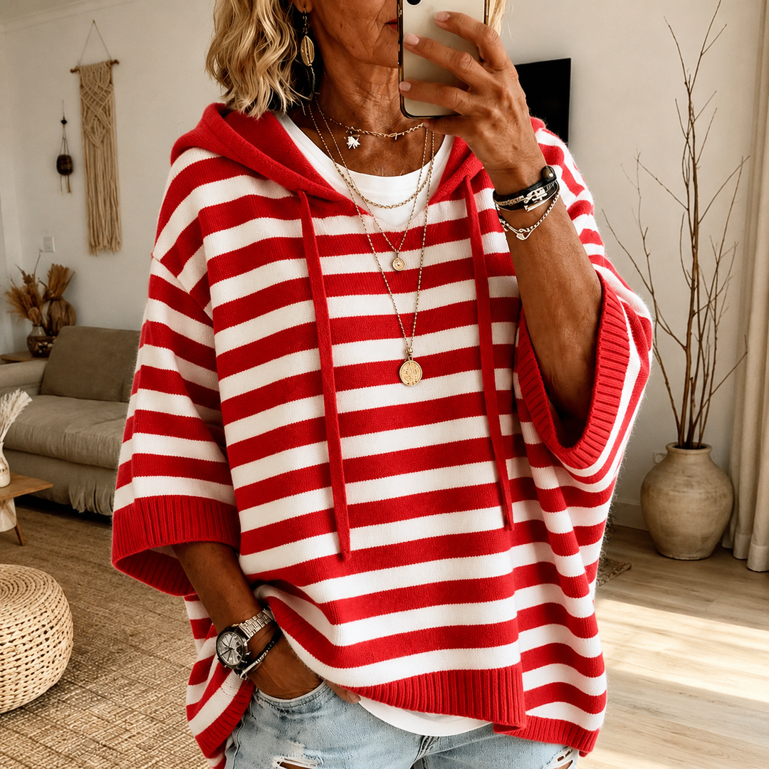 Violetta | Cozy Hooded Poncho in Red Stripe