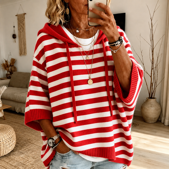 Violetta | Cozy Hooded Poncho in Red Stripe