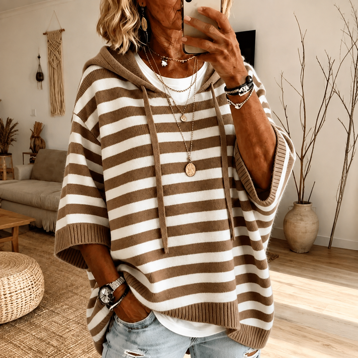 Violetta | Cozy Hooded Poncho in Taupe Stripe