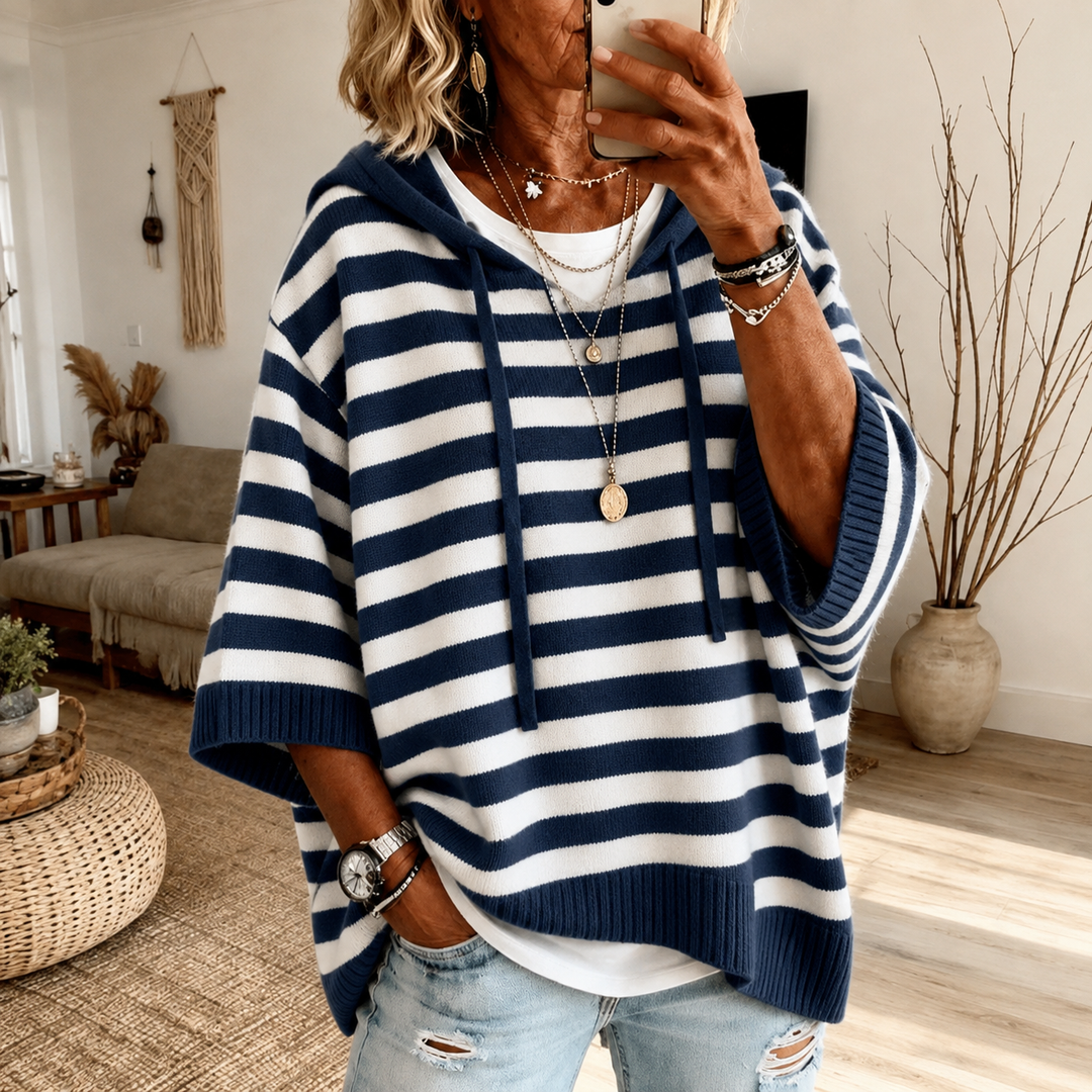 Violetta | Cozy Hooded Poncho in Navy Stripe