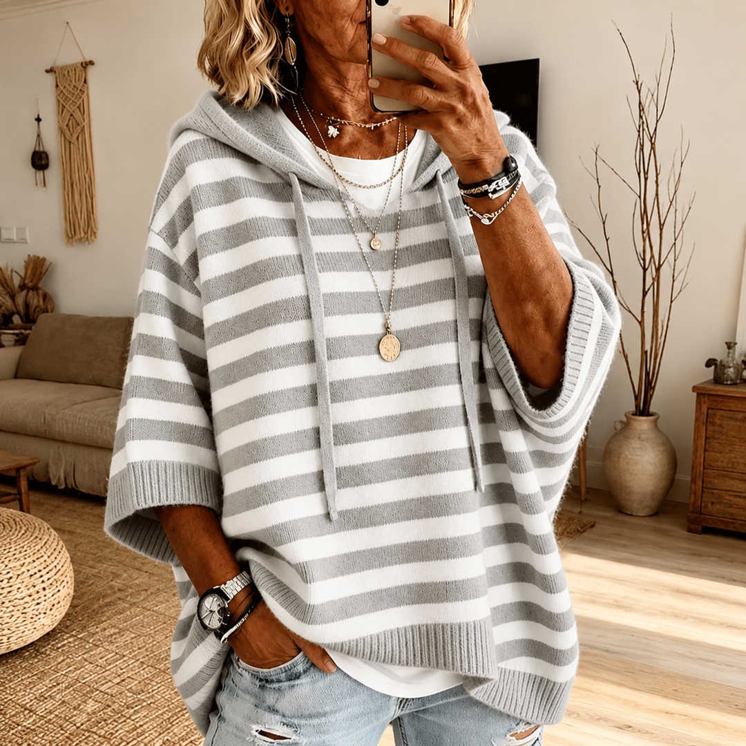 Violetta | Cozy Hooded Poncho in Gray Stripe
