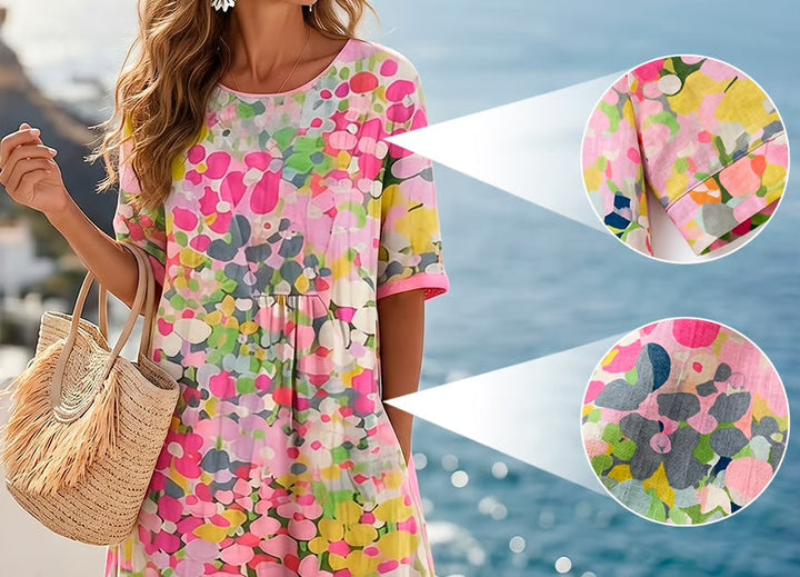 The soft watercolor print of the Julissa dress up close