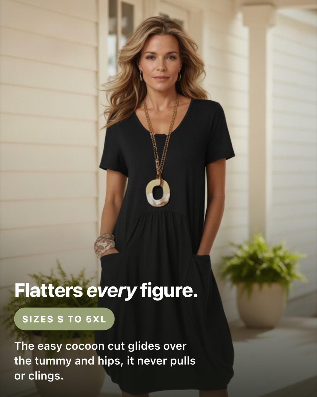 Kwani cocoon cut flatters every figure, sizes S to 5XL