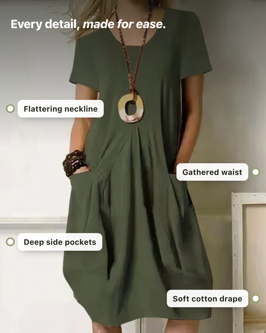 Kwani dress details: neckline, gathered waist, deep side pockets, soft cotton drape