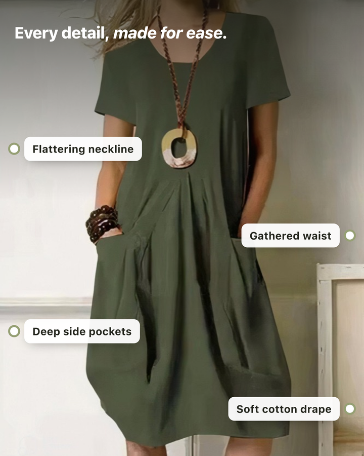 Kwani dress details: neckline, gathered waist, deep side pockets, soft cotton drape