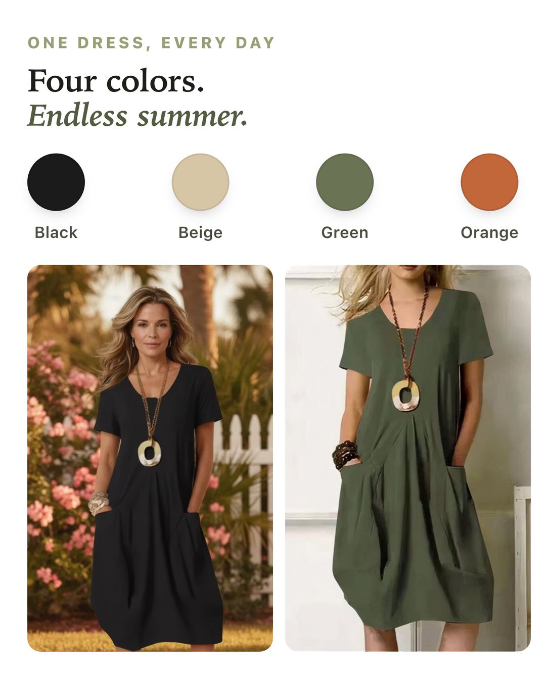 Kwani available in four colors: black, beige, green, orange