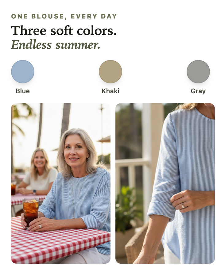 Rhea available in three colors: blue, khaki, gray